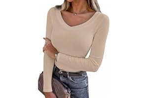 Aottori T-Shirt à Manches Longues pour Femme Col V élégant Haut Décontracté Tee Shirt Tunique Chemises Top Couleur Unie Shirts