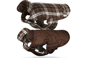 VIVAGLORY Softjoy Dog Coat, Coat & Jacket for Dog Winter & Christmas, Jacket with Harness Hole, Reversible Plaid Checkered Warm Fluffy Heavy Duty, S, Coffee