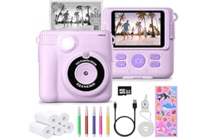 FUNKAM Aparat fotograficzny dla dzieci Natychmiastowe drukowanie,- 2,4" HD 1080P- z kartą SD 32GB, 5 markerów, naklejki, 5 rolek papieru, wisiorek. Aparat dla dzieci i dziewcząt. (Fioletowy)
