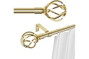 GSBLUNIE Gardinenstange Gold 68 to 222 cm mit Gedrehten Käfigendstücken, Wandmontage Messing Gardinenstangen Set, Metall 16mm Gardinenstange 2.2m Lang für Outdoor Wetterfest