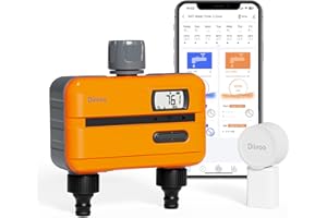 Diivoo Water Timer for Irrigation with Built-in Water Flow Meter, Sprinkler Timer 2 Outlets, Automatic Hose Tap Computer With Rain Delay/Auto&Manual Mode for Lawn