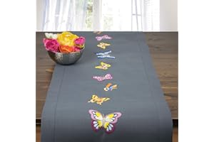 Ernst Schäfer Stickpackung Schmetterlinge, Tischläufer Set vorgezeichnet zum Sticken, Stickset mit Plattstich und Stielstich zum Selbersticken