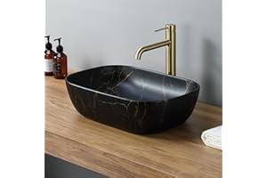DILECI – Vasque Rectangulaire Noir Effet Volcan 46x32x13,5 cm – Lavabo à Poser Design Haut de Gamme – Finition Noir Mat avec Veines Jaune Orangé – Idéal Salle de Bain Contemporaine et Élégante