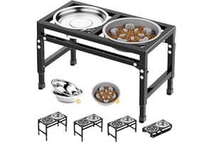 X XBEN Metal Elevated Dog Bowls, 4 Height Adjustable Dog Bowls with Stand, 9cm 23cm 27cm 31.5cm, Raised Dog Bowl with 2 Stainless Steel Bowls and 1 Slow Feeder Bowl for Medium Large Dogs or Cats