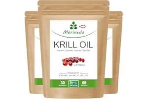 Superba Premium Krill Oil softgel caps - with Revolutionary Omega 3 Oil - esterified astaxanthin, antioxidants & Vitamins - Heart Immune System Memory - 60 Capsules by MoriVeda