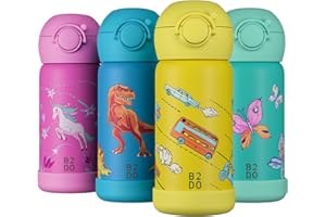 B2DO Isotherme 316 Gourde Enfant 350ml Voiture Jaune | Bouteille Isotherme Antifuite et Isolée pour École | Gourde sans BPA avec Paille pour Enfants
