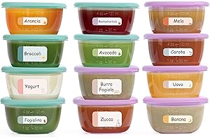 Budding Bear Porta Pappa da 120 ml con Coperchi ed Etichette (Set da 12) - Contenitori Pappa Sicuri per Microonde e Lavastoviglie - Vasetti Pappa Neonati - Contenitori Plastica Piccoli