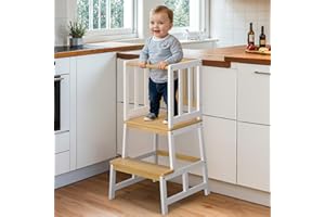 COSYLAND Torre Montessoriana Bambini – Torretta Montessoriana A Forma di “A” con Pedana Centrale Rinforzata – Torre Montessoriana da Cucina o Bagno, Convertibile in Doppio Sgabello – Bianco e Naturale