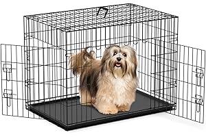 Nobleza Dog Crate Cage, 24in Folding Metal Puppy Small Dogs Cage with 2 Doors, Durable Pet Dog Car Crate with Carrier Handle, Chew Resistant Plastic Base Tray for Puppy Training, Black