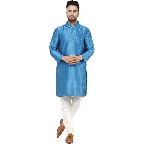 SKAVIJ Set Kurta Pigiama Uomo In Seta D'Arte - Abito Tradizionale Indiano Con Ricamo, 2 Pezzi, Maniche Lunghe, Collo Coreano