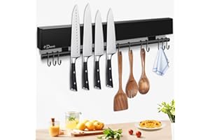 Dmore Barre magnétique pour couteaux avec 10 crochets, 43 cm, porte-couteaux magnétique noir, avec barre à crochets, porte-couteaux aimanté, ruban adhésif et vis, pour couteaux et ustensiles