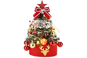 FAOKZE Árbol de Navidad Artificial 45cm,Mini árbol de Navidad Artificial,Árbol de Navidad pequeño con iluminación y Pequeños Adornos,para decoración de Escritorio de Navidad (Rojo y Dorado)
