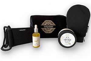 LUXYCOSY Trousse de toilette noir, Soins Hammam savon noir huile d’argan biologique hydratation cheveux visage ongles gant et gratte dos kessa exfoliant gommage corps bien etre idee cadeau original femme