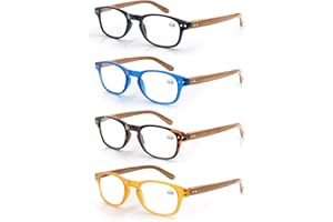 MODFANS Set di 4 occhiali da lettura 4.0 da uomo e donna, lenti d'ingrandimento con montatura leggeri, a molla, occhiali da vista con effetto legno, colore: nero, blu, scaglia-giallo