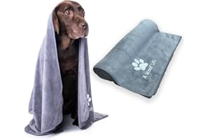 A WOOF LIFE Large Premium Microfibre Dog Towel. Super Absorbent, Soft, Fast Drying with 400 GSM. Pawfect Dog Drying Towel for you and your pooch Grey 125cm x 75cm.
