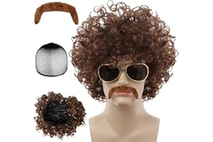 Ymoryiyi Men's Afro Wig with Moustache - Short Curls Wig in Brown - 70s Disco Costume & Hippie Accessories for Men - Wig Curls for Fancy Dress, Theme Party, Halloween