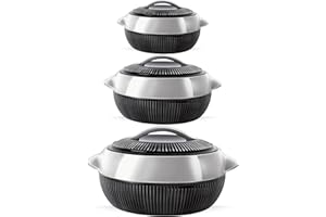 RAHAIM 3-Pcs Fiesta Insulated Hot Pot Set | Double-Walled Casserole Pot with Lids, Thermal Hot Pot Food Warmer Containers for Hot & Cold Meals, Stainless Steel Liner (Black-Silver)