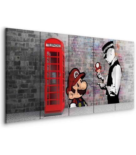 Quadro 5 Pannelli Banksy Super Mario Su Legno MDF - Misure Totali 140x100 Cm, Made In Italy, Stampe Vivaci