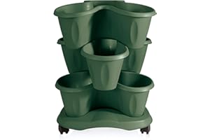 MamboCat Geranio Säulentopf Etagen Pflanzturm I stapelbare Pflanztöpfe auf Untersetzer mit Rollen I Kräuterturm I vertikaler Garten Outdoor I Kräutergarten für die Küche I Blumenständer grün