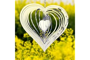 LIKEUDO Winddreher, 3D silberner Stahl Edelstahl Wind hängende Spinner, Kinetic 360 Grad Spirale Windspiel, Windskulpturen & Spinner, Metall-Herz-Spinner für draußen Hof Garten Dekor (S 19,8 x 19,8 cm)