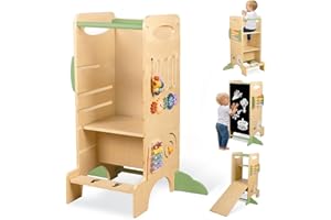 aiwo Step Stool for Kids, Learning Stool with 3 Adjustable Height, Standing Stool with Chalkboard & Bead Maze for 18M+