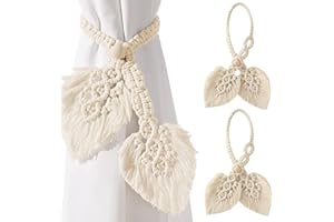 Vifoulal 2 Pack Boho Gardinenhalter Natürlicher Baumwolle, Seilvorhang-Raffhalter, Handgefertigt, Zwei Blätter, Gewebter Vorhang, Dekorative Halter für Ländliche Gardinen im Böhmischen Stil (Beige)