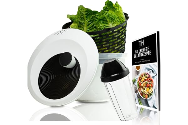 Thiru Essoreuse à Salade 5 l - Manivelle 3D innovante et Fonction d'arrêt - Grande essoreuse à Salade Stable avec eBook sans BPA (essoreuse à Salade 4 l avec Shaker à Vinaigrette)