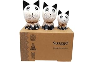 SusggO Set de 3 Gatos de Madera. Hechos a Mano Artesania Figuras Gatos Decorativos Decoracion Tallado a Mano Gato de la Suerte Adorno Mueble (Blanco DECAPADO Detalles Negros GBN)