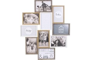 HOME DECO FACTORY Pele-Mele - Marco de fotos múltiple para 10 fotos (madera y blanca), diseño de recuerdo
