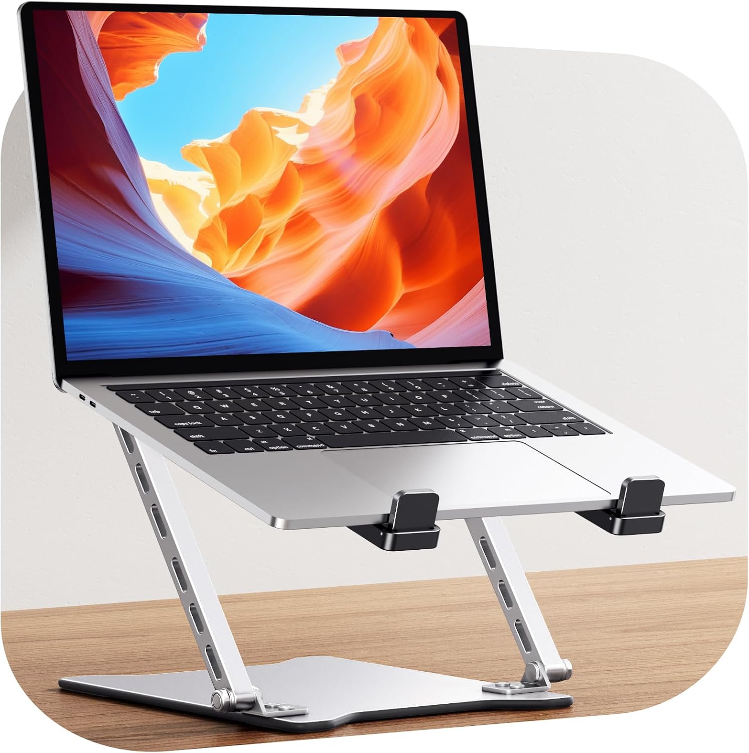 Babacom Soporte Portatil Escritorio Ultra Delgado y Portátil, Base Ajustable en Altura con Soporte de Doble Barra, Laptop Stand Plegable con Refrigeración, Compatible con MacBook/Tableta (10-15.6")