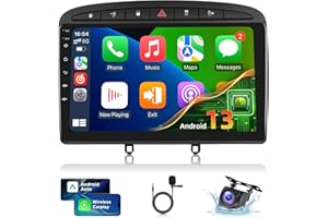 NHOPEEW 2+64G Autoradio pour Peugeot 308 2007-2013/408 2007-2017 - sans Fil Carplay & Android Auto - Autoradio 9 Pouces Android 13 avec WiFi GPS EQ FM RDS + AHD Caméra de recul&Mic