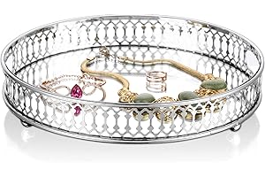 Nuptio Bandeja Maquillaje Vidrio Espejado 25cm Diámetro, Bandeja Decorativa Redonda Plata, Plato Vela, Bandeja Joyería, Organizador Almacenamiento, Bandeja Tocador con Espejo para Mesa Centro