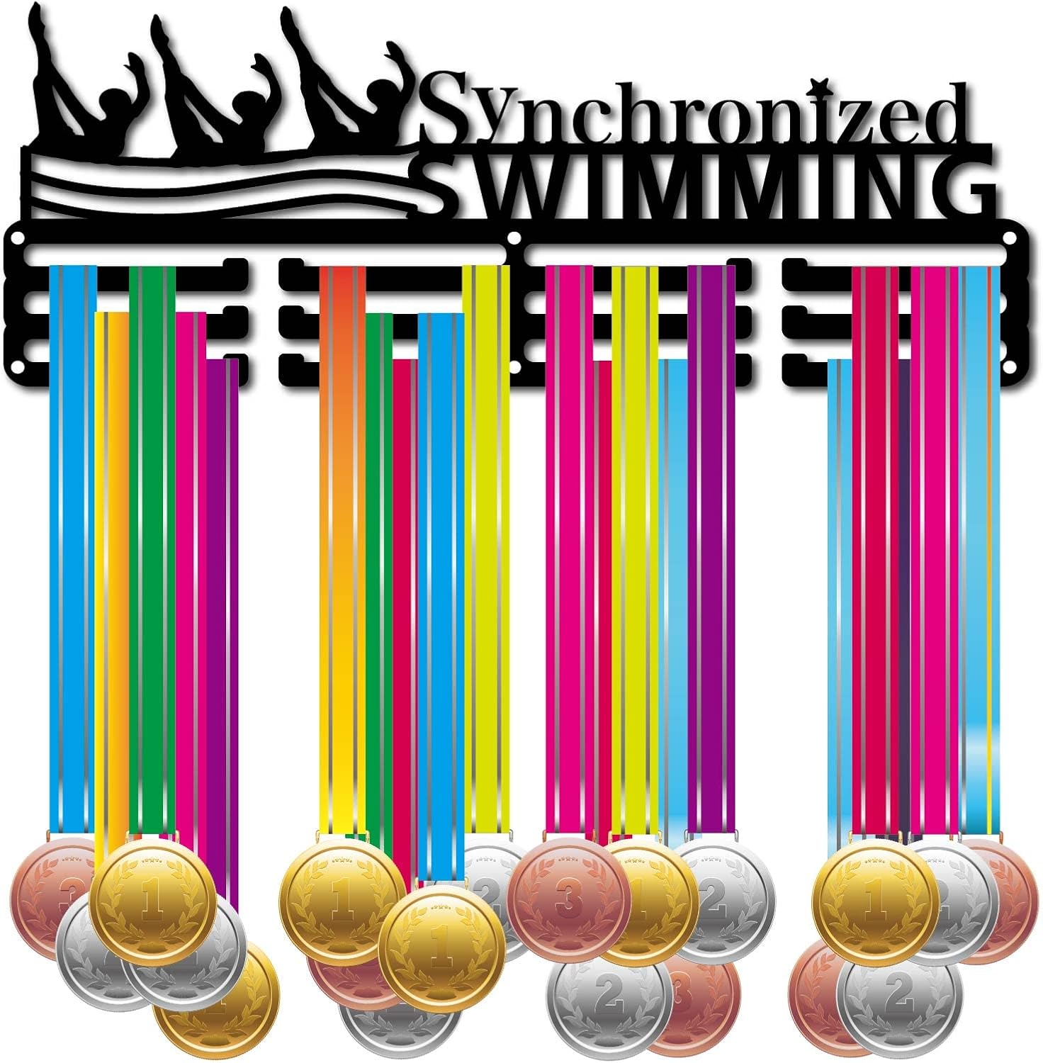 CREATCABIN Soporte Medallas Natación Sincronizada Exhibición Deportivas Colgador Pared Decoración Acero Inoxidable Premio Colgar para Hogar Almacenamiento Atleta Nadador Maratón Más 60 medalla 40x15cm