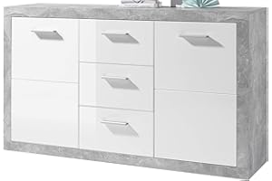 ‎STELLA TRADING Stella Trading Sideboard in Beton Optik, Weiß Hochglanz - Moderne Kommode mit Schubladen und viel Stauraum - 147 x 89 x 37 cm (B/H/T)