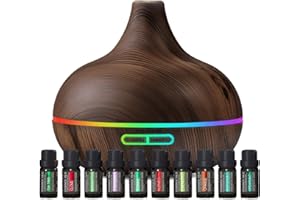 Pure Daily Care Ultimatives Set aus Aromatherapie-Diffusor und ätherischen Ölen –Ultraschall-Diffusor & Top 10 ätherische Öle –300 ml Diffusor mit 4 Timer & 7 Umgebungslichteinstellungen –Dunkle Eiche