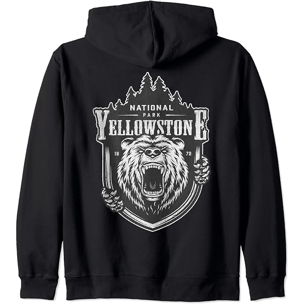Sweat à Capuche Parc National De Yellowstone – Motif Ours Vintage – Homme, Femme, Enfant – Coton 241 G – Pour Randonnée, Voyage