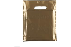 COMPLETE RETAIL SOURCE LTD 100x Gold Heavy Duty Colored Plastic Carrier Bags Party Gift Bags in 3 Sizes (10''X12''(25x30cm))