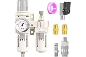 TAILONZ PNEUMATIC 1/2 Pulgada BSP Filtro de Aire Regulador de Presión Separador de Agua/Aceite Combo(0-1MPA),Herramienta de Aire Compresor Filtro con Manómetro AC4010-04(Drenaje Manual)