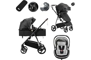 Lnhcrbs Travel Systems 3 in 1 Prams with Car Seat,Travel Pram with Rain Cover Cup Holder, Baby Stroller with a One-Hand Foldable Aluminium Frame Suitable for 0-4 Years (22kg)