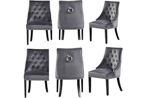 P&N Homewares - Windsor Chair - Grey (6 SET) | Tufted Velvet Fabric | Door Knocker | Studded | Dining Chair | Upholstered Accent Side Chair | FREE NEXT DAY DELIVERY |