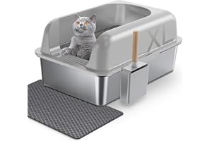 Gimars XXL Bac à Litière Chat en INOX 37L, Grande Capacité Anti-Fuite à Bords Hauts, Réduit Les Odeurs, Facile à Nettoyer avec Pelle et Tapis, pour Chatons, Gros et Grands Chats, 60×40×31 cm