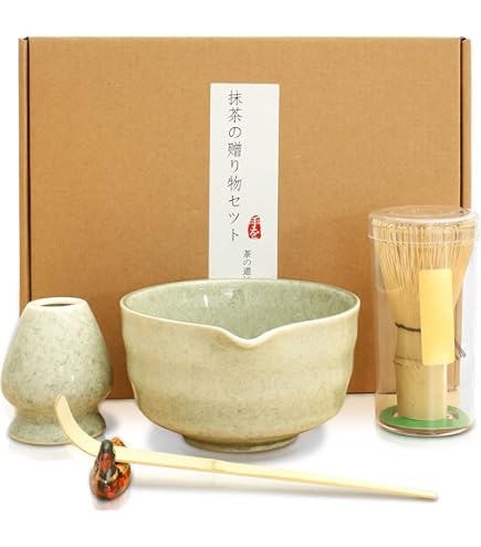Thé Cérémonie Set Matcha 5 Pièces - Fouet, Bol, Cuillères Et Porte-fouet - Céramique émaillée - Préparation Thé Traditionnel Fouet Matcha Traditionnel