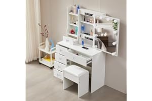 Umeiga White Vanity Table with Mirror and Lights, Dressing Table with 5 Drawers and Cushioned Stool Set, Vanity Dressing Table with 3 Color Lighting Modes, Adjustable Brightness