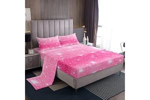 LOUSSIESD Set di biancheria da letto rosa galassia, per ragazzi e ragazze, con glitter pastello, stelle scintillanti, lenzuolo con angoli, 1 lenzuolo piano king size