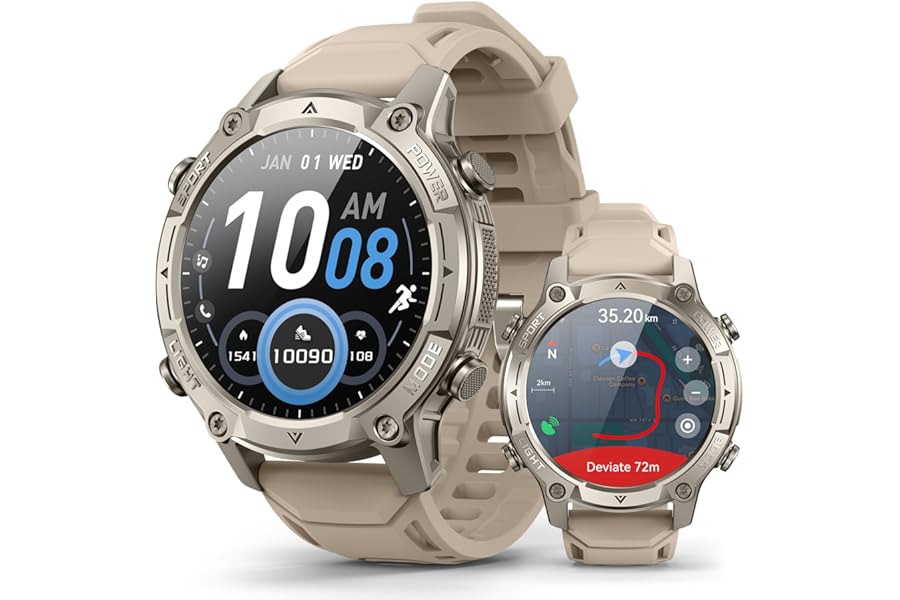 GPS Smart Watch for Men with Maps, 21-Day Battery, 5ATM Waterproof, 1.43" AMOLED, 178+ Sports AI Round Watch with Compass, LED Flashlight/ Heart Rate/Stress/SpO2/Sleep Monitor, for Android iOS Khaki
