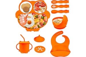 Hovineumoo Set Pappa Svezzamento Bambini Silicone, 9 Pezzi Set Svezzamento Silicone Piatto con Ventosa Ciotola Cucchiaio Bavaglino, Antiscivolo Bimbo Set Prima Pappa per Bambino (doppia arancia)