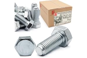 LUN FIX Boulons hexagonaux M8x20 DIN 933 acier galvanisé 8.8, filetage complet, vis hexagonales, visserie boulonnerie pour assemblage métal, construction, bricolage, 1 kg (env. 77 pcs)