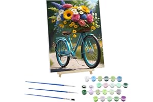 EOBROMD Flowers Paint by Numbers for Adults on Framed Canvas, Bicycle Paint by Numbers Kits with Wood Easel, Oil Acrylic Craft Art Painting Kits for Home Wall Decor 12x16 in