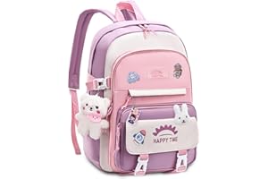Tanou Mochilas Escolares Niña, 20 Litros Mochila para Niñas con Colgante de 8 a 12 Años, Ligera e Impermeable Mochila Kawaii Escolar de Nailon para Niñas, Rosa