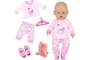 XERTEAM Baby Doll Clothes for 14-18 Inch Doll, Baby Doll Accessories for 35-45cm Dolls, Sweet Dolls Clothes with Dinosaur Doll, Dinosaur Top and Pants, Slippers & Hanger, Pink Doll Clothes for Kids Birthday